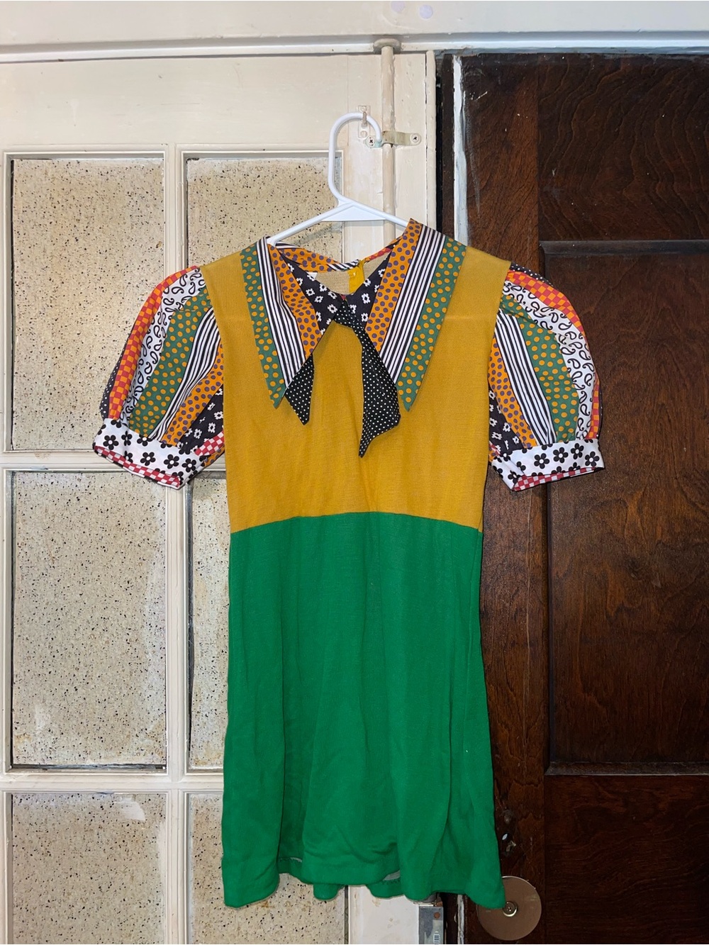 Vintage Girls Colorblock Green & Mustard Dress with Patterned Collar - Size 10